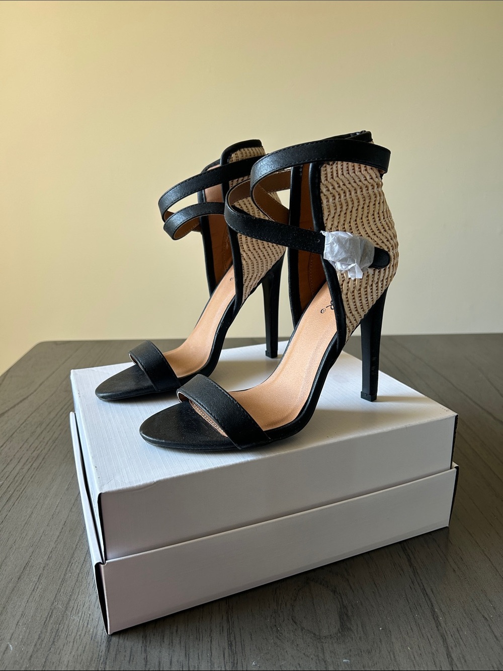 Qupid Black Strappy Woven-Back Stiletto Heels